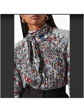 See By Chloé Floral Smocked High Neck Blouse Black White Size 36